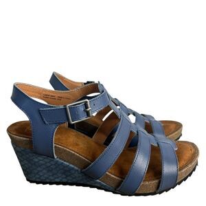 Mark Jenkins Wedge Sandals Womens 9M Blue Leather Strappy Buckle Snake Heel